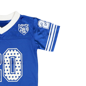 Camiseta de fútbol para niños Zeta Phi Beta azul real 100% poliéster logotipos bordados número 20 cuello en V mangas de rayas dobles - Product Image 4