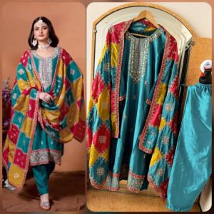 Meilleure exportation multicolore brodé attrayant fête porter Chinon soie tissu Kurti pantalon Dupatta disponible dans des tailles personnalisées - Product Image 5