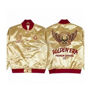 Golden Era Premium Apparel Unisex Gold Satin <b>Waterproof</b> Polyester 280g Varsity <b>Jacket</b> Embroidered Logo Stand Collar <b>Winter</b> - Product Image 1