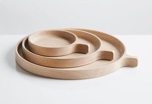 Ensemble de plateaux de service ronds en bois, plateau à collation minimaliste en bois de hêtre, plateau à fromage pour le petit-déjeuner, plateau rond en bois avec poignée - Product Image 6