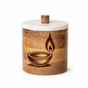 Prix de gros Pot en bois artisanal avec gravure de flûte et de lotus et couvercle en marbre Décoration spirituelle pour la maison - Product Image 6