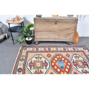 Tapis Vintage en Laine Turque 4.3 X 5.9ft Grande Surface Beige Bleu Patchwork Design pour Couloir Chambre Forme Rectangulaire Latex pour Chevet - Product Image 2