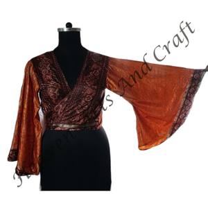 Top de corbata de seda para mujer, hecho a mano, bohemio, Hippie, corbata frontal, Top de verano, manga acampanada, talla libre, manga acampanada, ropa de fiesta informal - Product Image 5