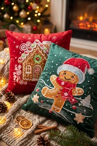 Housse de coussin décorative de Noël personnalisée en velours brodé motif maison de pain d'épices, 47x47cm, lavable, avec fermeture éclair, festive - Product Image 2