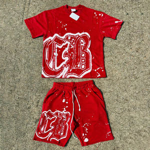 Conjunto de Camiseta de Cuello Redondo Holgada y Pantalones Cortos con Cordón, Diseño Gráfico Personalizado, Estilo Urbano de Verano, Unisex, Venta al Por Mayor - Product Image 3