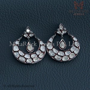 Natural Rose Cut Polki Diamond Oxidized 925 Silver <b>Earrings</b> Push <b>Back</b> Dangle <b>Earrings</b> Women's Fine Jewelry - Product Image 5