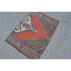 Turkish Small Eco-Friendly Latex Backing Rug 4x3 ft Vintage <b>Red</b> Patchwork <b>Wool</b> Rug - Product Image 4
