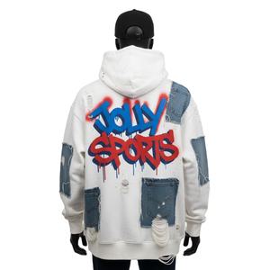 Nouveau sweat à capuche oversize pour homme 2025, coton premium, polaire poly, 380 GSM, blanc, streetwear, panneau en denim, logo personnalisé, sweat à capuche basique - Product Image 2