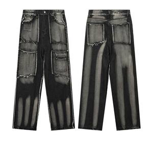 Pakistan fait 100% coton hommes droit Jean pantalon haute rue broderie Patch respirant ample Baggy rue taille élastique - Product Image 4