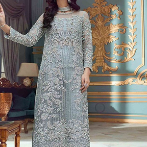 Stylish Heavy Embroidery Indian and Pakistani Design Long Kurta <b>Pant</b> Dress with Lace and Button Decoration for Party or Wedding - Product Image 1