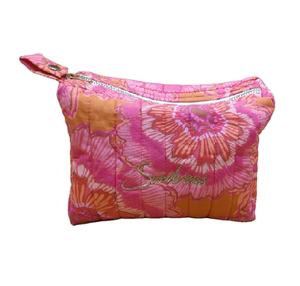 Mini pochette de maquillage imprimée bleue pour sac à doublure en coton brodé or pour dames avec fermeture à glissière - Product Image 3