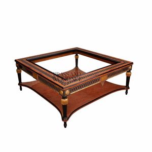 Table basse carrée en bois de luxe avec incrustations géométriques complexes, accents noirs et détails dorés pour une décoration intérieure élégante - Product Image 5