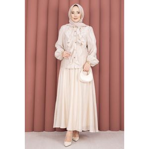 Conjunto Femenino Elegante y Discreto de Manga Larga Transpirable en Color Beige con Falda con Volantes en la Parte Delantera para Todas las Temporadas - Product Image 6