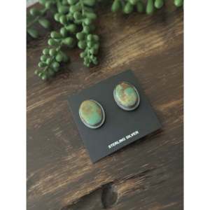 Larry Kaye Kingman Turquoise & Sterling <b>Silver</b> <b>Stud</b> Earrings Bezel Setting Post Earrings - Product Image 4