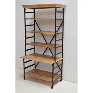 Hot Selling Wooden Bookshelf with Metal Frame Double Sided 5 Tier Bookcase for Reading Room, Book Store and Library