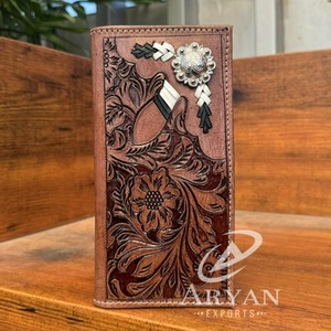Factory Direct Selling Hand Tooled Leather RFID Long Bifold <b>Wallet</b> for Men High Quality Cow Leather Business <b>Card</b> <b>Holder</b> <b>Wallets</b> - Product Image 1