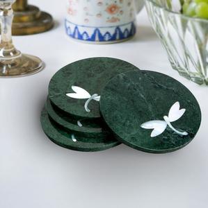 Round black marble <b>coasters</b> with floral inlay handmade natural stone <b>drink</b> <b>coasters</b> with holder decorative marble <b>coaster</b> set - Product Image 5