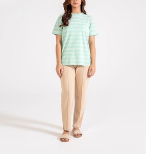 Vente en gros de streetwear féminin décontracté avec impression personnalisée Femme tendance Col ras du cou rayé Manches courtes Coupe ample Couleur unie - Product Image 3