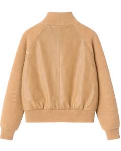 Premium Beige <b>Faux</b> <b>Leather</b> Knit Sleeve Zip Up <b>Jacket</b> <b>For</b> <b>Men</b> Ribbed Collar Casual Winter Outerwear Stylish Fashion Coat - Product Image 2