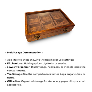 Handcrafted Solid Wooden Rectangle Spice <b>Box</b> Masala Dabba Multiple Compartments Spoon Indian <b>Kitchen</b> <b>Storage</b> Organizer - Product Image 5