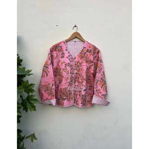 Handmade Reversible <b>Quilted</b> Cotton <b>Jacket</b> Floral <b>Pattern</b> Bridal Coat XL Hooded Outerwear for Ladies Spring Season Stripe - Product Image 2
