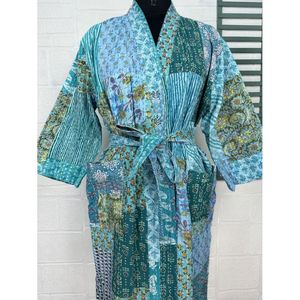 Chaqueta Reversible de Algodón Kantha para Mujer, Color Verde Pastel, Estilo Bohemio con Estampado de Mono, Kimono Tejido, Abrigo Largo - Product Image 2