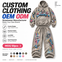 Ensemble de survêtement streetwear pour homme, coupe ample, avec impression DTG personnalisée, effet délavé vintage, en tissu épais, comprenant un sweat à capuche et un pantalon de survêtement, fabrication sur mesure