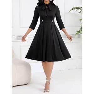 Women's Tuvakar Sleeveless, Neckline-Tie <b>Buttoned</b> Midi Imported Crepe <b>Dress</b>, 37615 - <b>Black</b> - Product Image 3