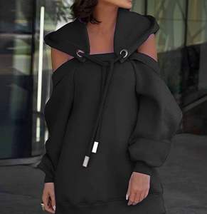 Nouveau sweat-shirt à manches longues en coton/fibre de bambou pour femmes capuche détachable doublée conception d'épaule cordons de serrage impression tricotée rapide - Product Image 2