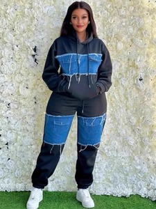 Ensemble de survêtement en denim à capuche pour femmes grande taille, 2 pièces, vêtements de rue d'hiver, haut à manches longues, pantalon assorti, costume de fête - Product Image 2