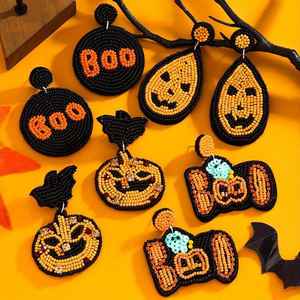 Nouvelles boucles d'oreilles légères faites à la main en perles de citrouille d'Halloween, orange, Jack-O-Lantern, BOO, perles, vente en gros pour femmes, boucles d'oreilles festives - Product Image 2