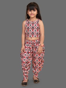 Ensemble indo-occidental imprimé Shoryam Fashion pour filles - Haut court maron Ikat et pantalon Dhoti, tenue ethnique pour les festivals et les fêtes, séchage rapide - Product Image 2