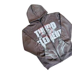 Ensemble survêtement personnalisé en strass marron pour homme, sweat à capuche zippé Y2K et pantalon de survêtement évasé superposé, streetwear - Product Image 5