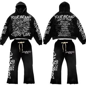 Conjunto de Sudadera con capucha recortada con lavado ácido retro Pantalones de chándal acampanados y estampado gráfico personalizado | Chándal de calle de lujo - Product Image 1