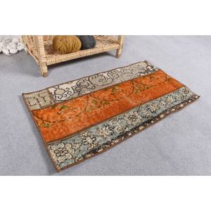 Tapis turc vintage 1,3x2,5 pieds, fait à la main en laine beige orange, style boho, motif patchwork rectangulaire pour tapis de chevet en latex - Product Image 2
