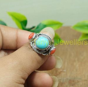 แหวนเทอร์ควอยซ์แอริโซนา แหวนปะการังแดง แหวนเงินแท้ 925 แหวนดีไซน์แฮนด์เมด แหวนสเตทเมนท์ - Product Image 4