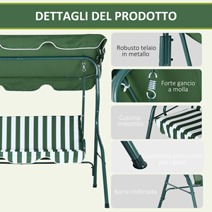 Outsunny Balançoire 3 places avec auvent réglable et coussins, en acier et polyester, 170x110x153 cm, vert et blanc - Product Image 5