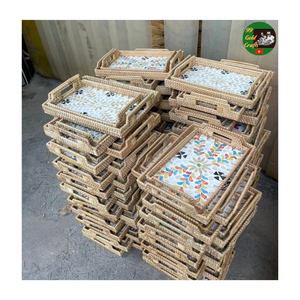 Plateau en mosaïque de rotin tissé à la main, écologique, avec mélange de nacre, plateau de service pour la décoration de la maison, plateau de service en rotin décoratif rond - Product Image 6