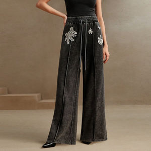 Logo personnalisé à la mode coupe-vent taille moyenne lâche strass Jogger pantalons de survêtement femmes coton polaire lourd Streetwear style baggy - Product Image 2