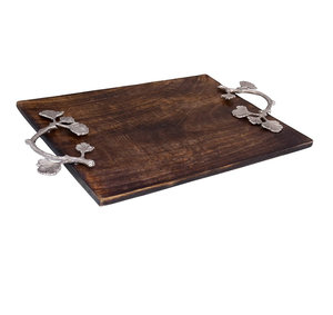 Plateau en bois ferme article décoratif mariage nourriture plateau de service fait à la main en métal argent fleur poignée plateau - Product Image 6