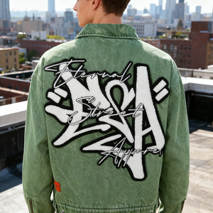 Chaqueta de mezclilla verde de alta calidad con lavado ácido, bordado, logotipo personalizado, diseño vintage, cremallera, cuello alto, para hombre - Product Image 4