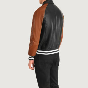 OEM personalizado negro y marrón cuero Varsity chaqueta mangas Chenille bordado Logo tela Varsity - Product Image 5