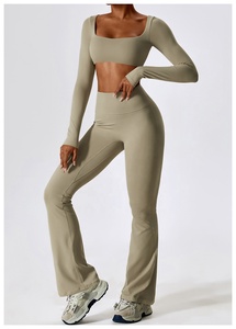 Women Yoga Set Solid Green 2 Piece High Waist Flared Leg Pants <b>Square</b> <b>Neck</b> <b>Long</b> <b>Sleeve</b> Crop <b>Top</b> Seamless Workout Clothes - Product Image 2
