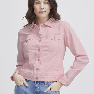 Venta caliente última chaqueta de mezclilla de mujer glaseado Rosa bolsillos en el pecho Botón de sujeción diseñado para mujeres para todas las estaciones comodidad - Product Image 1
