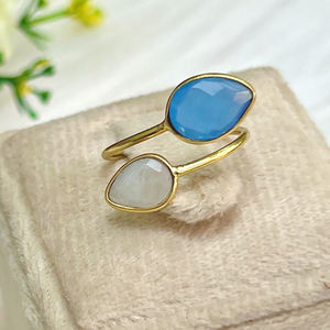 แหวนพลอยโมราสีน้ำเงินรูปลูกแพร์สีรุ้งสองชั้นทำด้วยมือแหวนทองพลอยฝาปิดแบบปรับได้ขายส่ง - Product Image 1