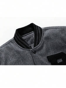 Manteau d'hiver personnalisable pour hommes tissu de laine manches en cuir PU garniture rayée lettre patchs veste à capuche avec support - Product Image 6