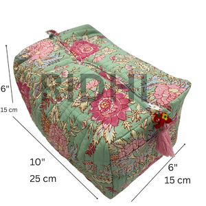 Pastel Jade with Pink Blossom Cotton Quilted Zipper Tote <b>Bag</b> Floral Block Printed Travel <b>Toiletry</b> Reusable Grocery Shopping Tote - Product Image 2