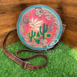 Nuevo bolso de cantimplora de cuero mecanizado a mano occidental, bolsos cruzados redondos de vaquera y Cactus con estilo, bolsos de cuero genuino para mujer - Product Image 1