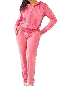 Ensemble de survêtement en velours pour femme Design solide Sweat à capuche zippé et pantalons de survêtement avec rayures pour la saison d'automne - Product Image 1