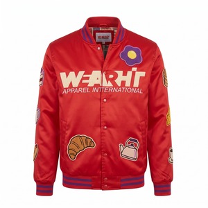 Chaqueta Bomber de Satén Personalizada para Hombre, Color Escarlata y Morado, Parche de Chenilla con Diseño de Taco, Forro Sublimado, Logotipo Personalizado OEM - Product Image 1